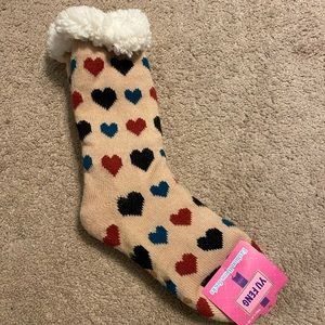 YU FENG fashion home lined socks light pink with multicolor hearts and grippy